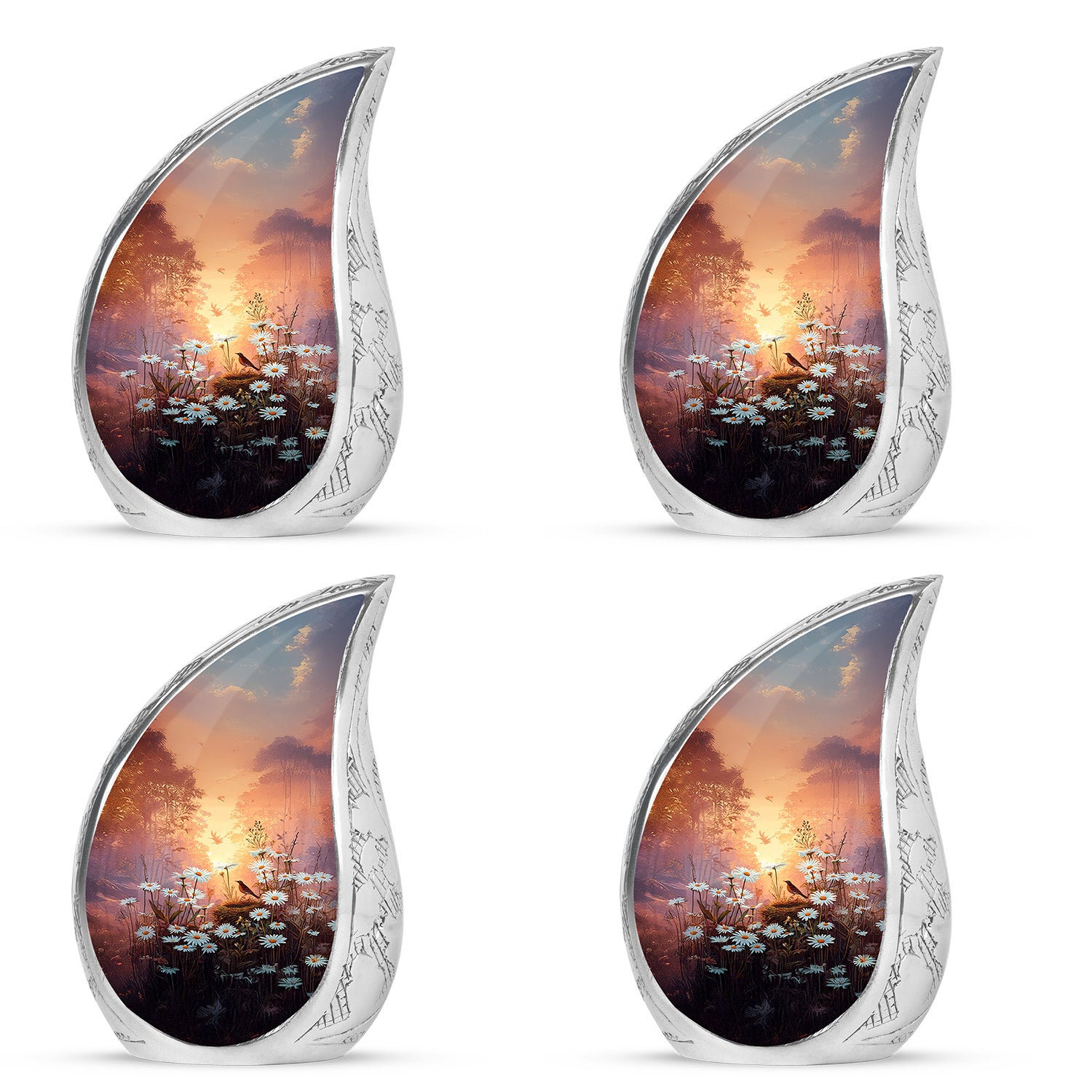 Champagne Gold Daisy Cremation Urn close-up of engraving and surface detail - flowing teardrop daisy silhouette on curved aluminum - 10 inch aluminum urn for cremated remains