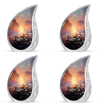 Champagne Gold Daisy Cremation Urn close-up of engraving and surface detail - flowing teardrop daisy silhouette on curved aluminum - 10 inch aluminum urn for cremated remains