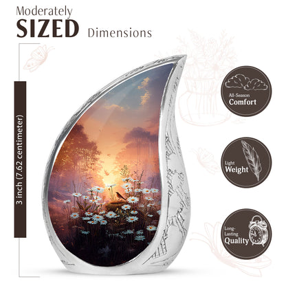 Royal Gold Daisy Cremation Urn angled view of lid and engraved motif - smooth teardrop contour featuring daisy art - mini keepsake memorial for portion of cremation ashes