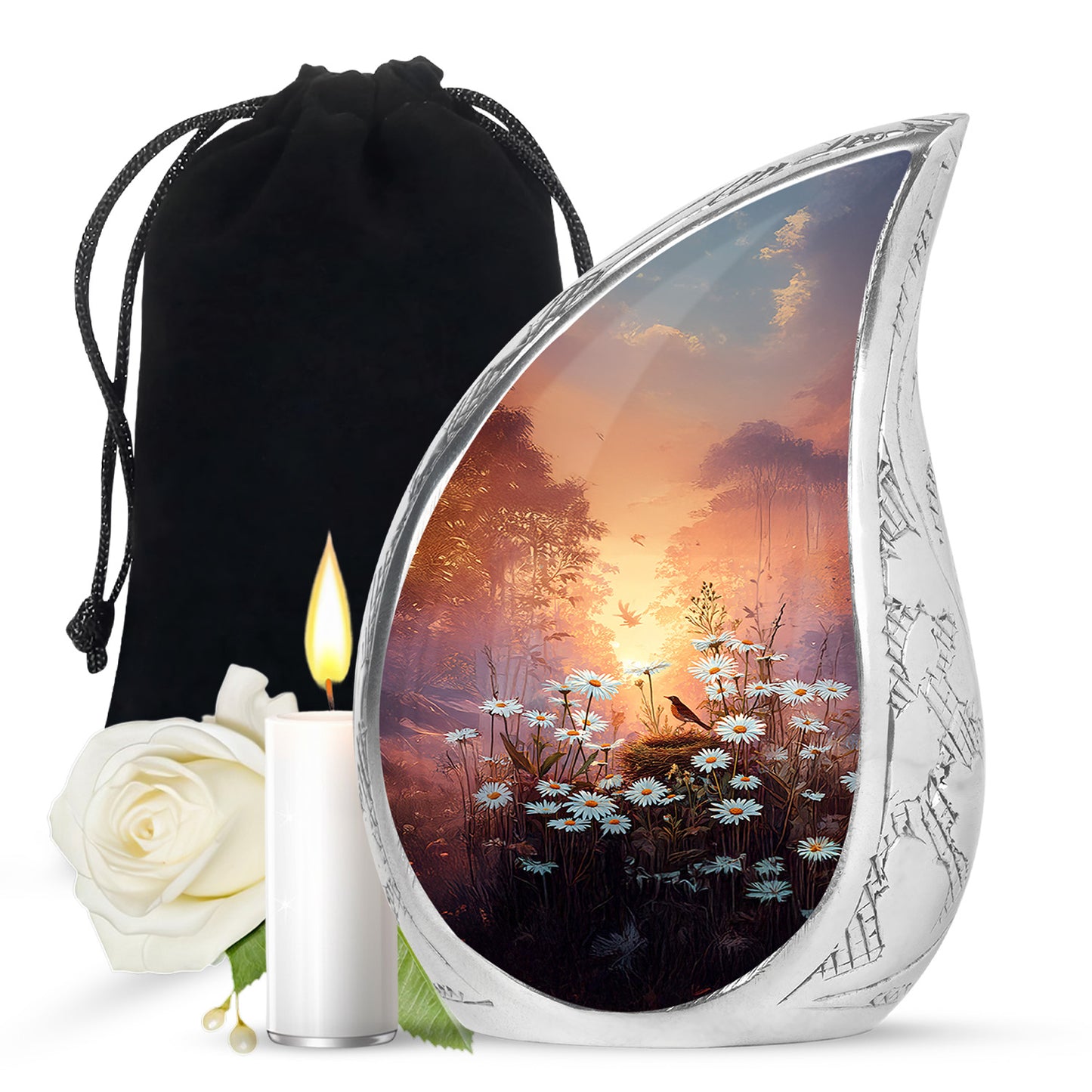 Warm Gold Daisy Cremation Urn front view showing detailed design - smooth teardrop contour featuring daisy art - full-size 10 inch 200 cubic inch adult cremation urn