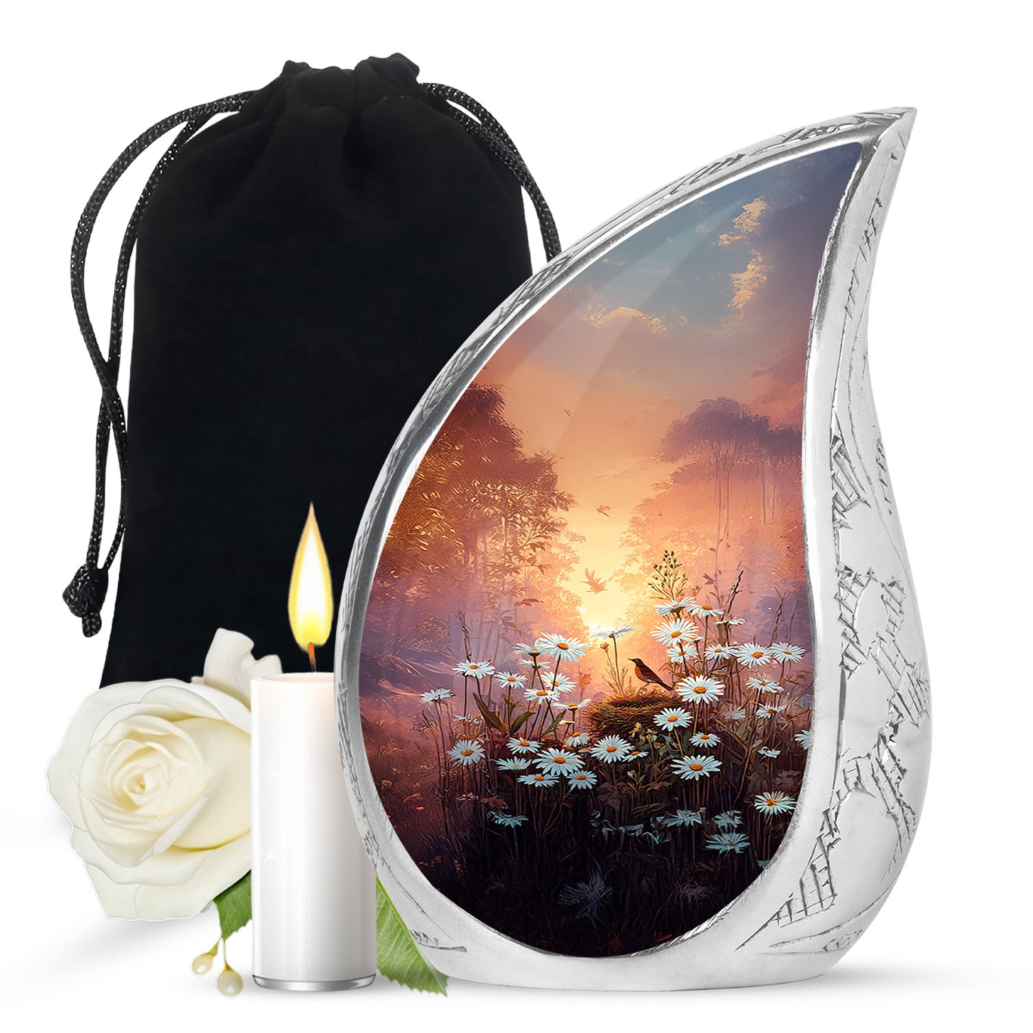 Warm Gold Daisy Cremation Urn front view showing detailed design - smooth teardrop contour featuring daisy art - full-size 10 inch 200 cubic inch adult cremation urn