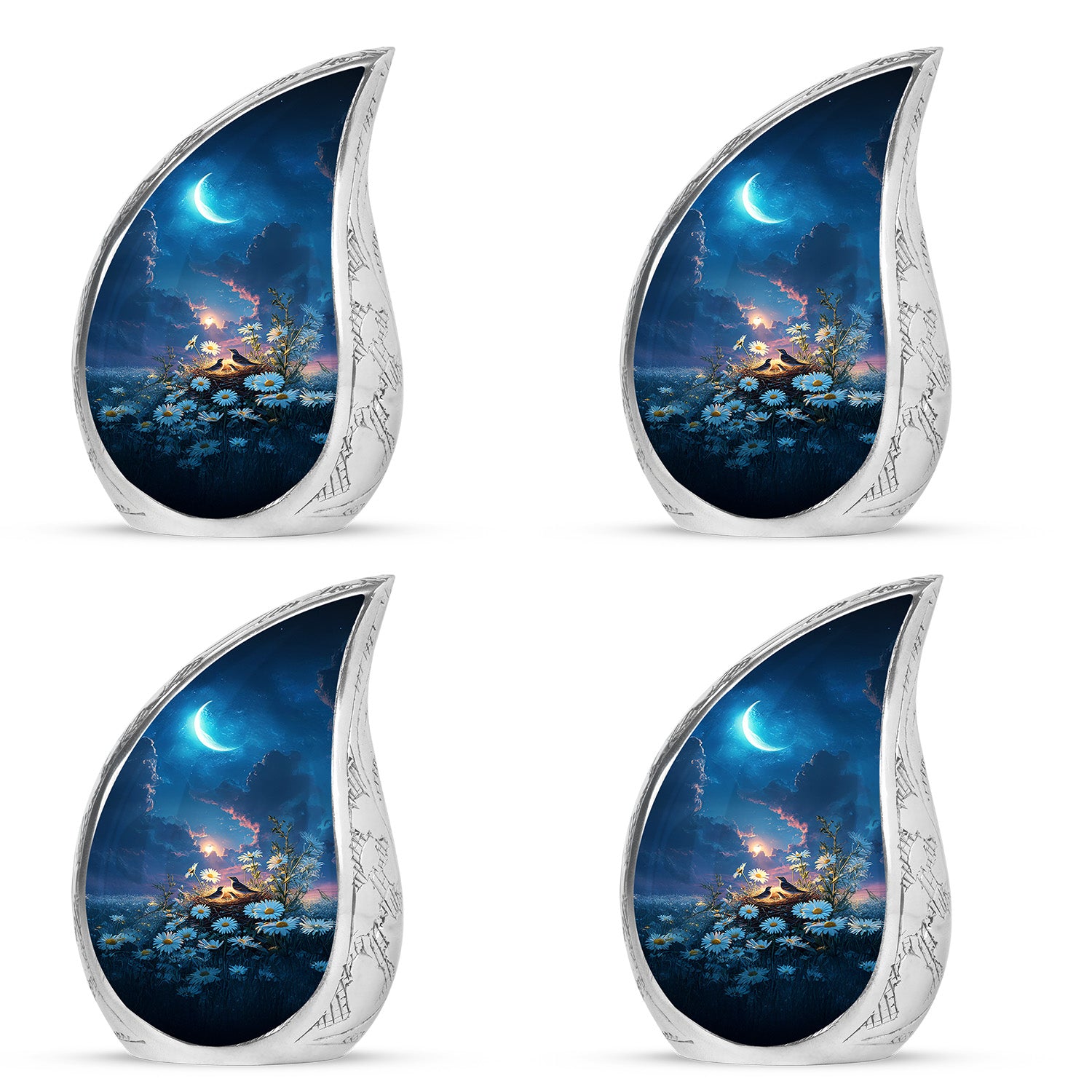 Misty Blue Daisy Cremation Urn close-up of engraving and surface detail - rounded teardrop daisy design with delicate detail - 10 inch aluminum urn for cremated remains