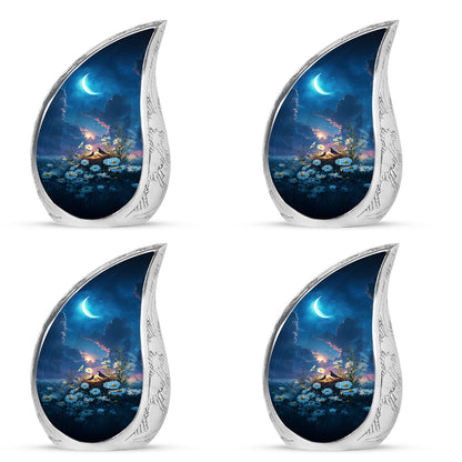 Misty Blue Daisy Cremation Urn close-up of engraving and surface detail - rounded teardrop daisy design with delicate detail - 10 inch aluminum urn for cremated remains