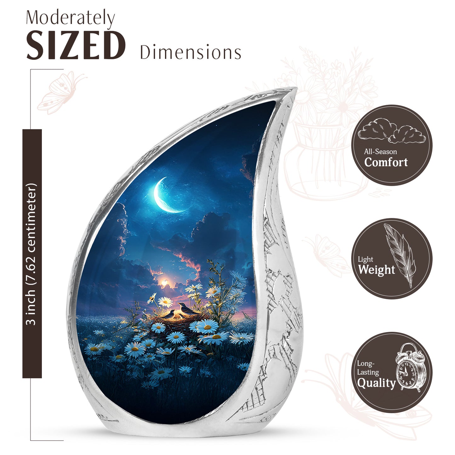 Indigo Daisy Cremation Urn angled view of lid and engraved motif - flowing teardrop daisy silhouette on curved aluminum - mini keepsake memorial for portion of cremation ashes