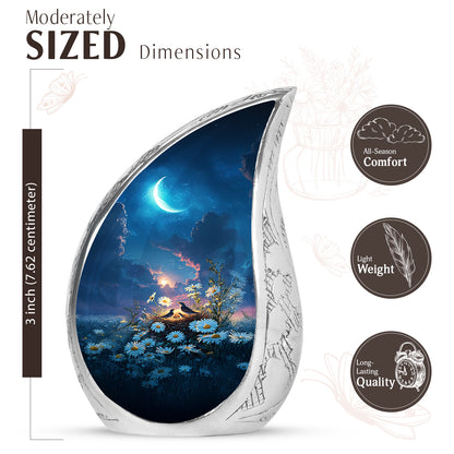 Indigo Daisy Cremation Urn angled view of lid and engraved motif - flowing teardrop daisy silhouette on curved aluminum - mini keepsake memorial for portion of cremation ashes