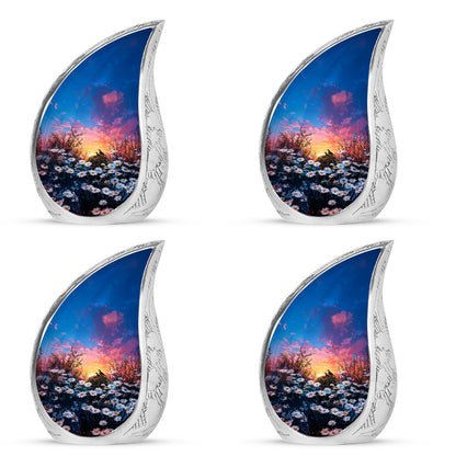 Vivid Blue Daisy Cremation Urn close-up of engraving and surface detail - graceful tear-shaped urn with daisy motif - 10 inch aluminum urn for cremated remains