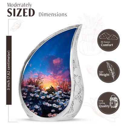 Dusty Blue Daisy Cremation Urn angled view of lid and engraved motif - flowing teardrop daisy silhouette on curved aluminum - mini keepsake memorial for portion of cremation ashes