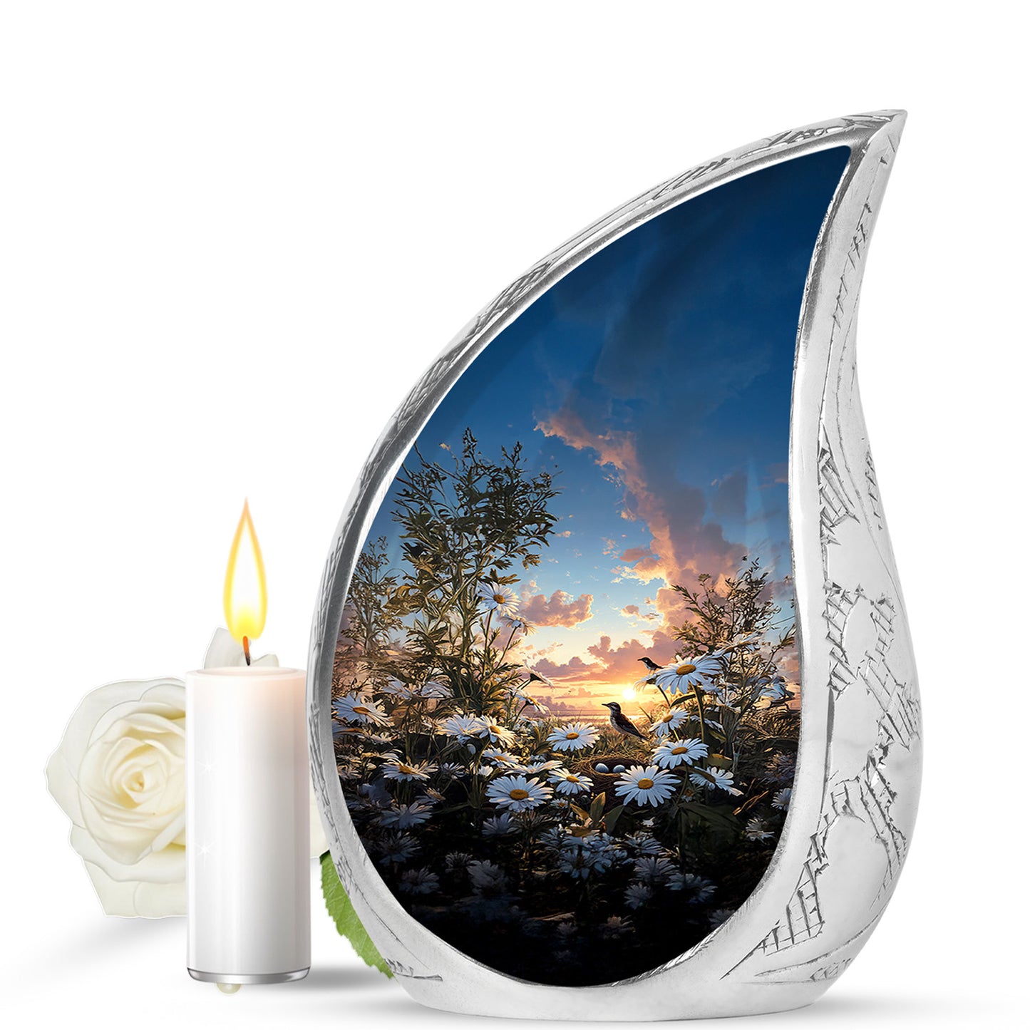 Blue Daisy Commemoration Cremation Urns for Human Ashes - 10-inch, 200 cu in - Yatskia