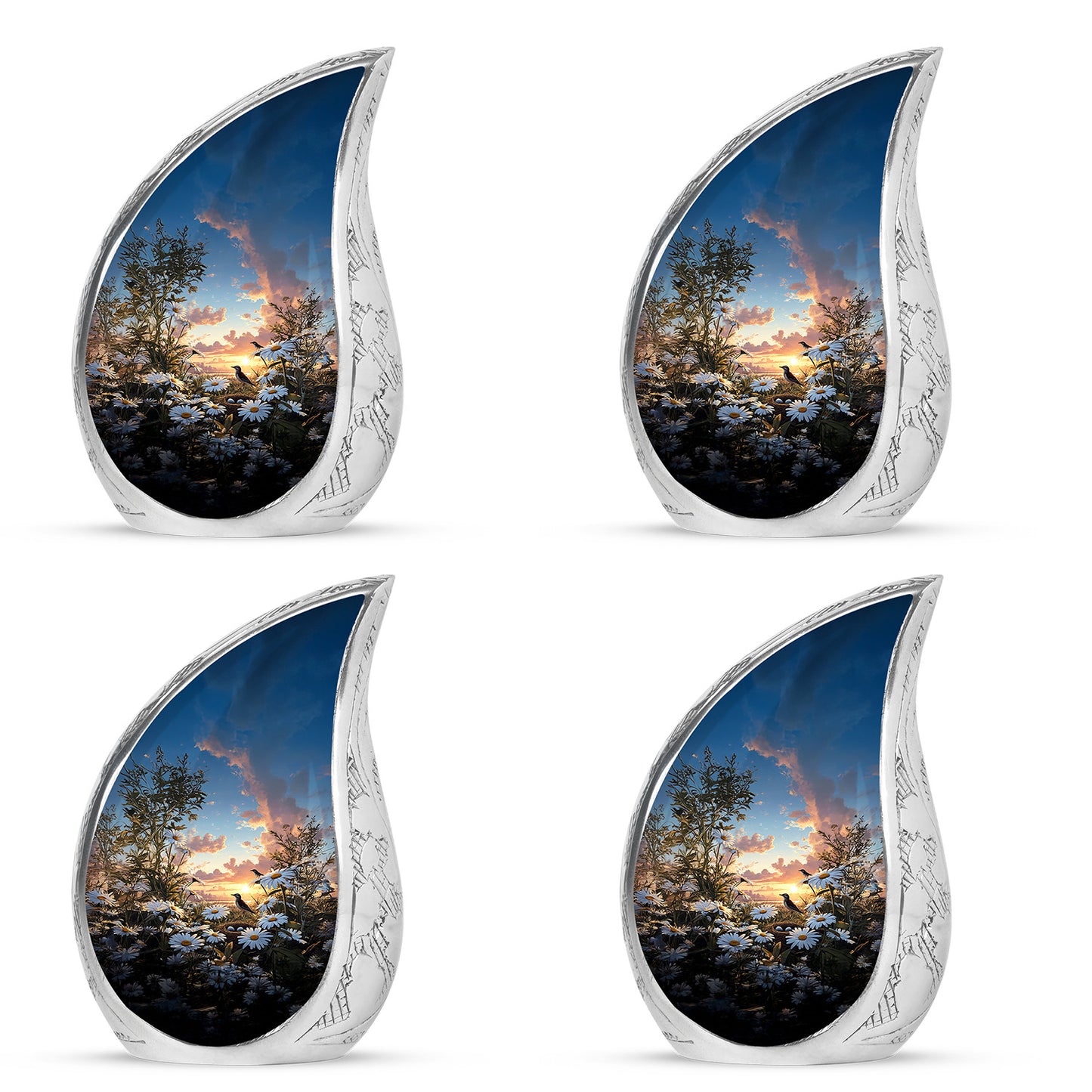 Calming Blue Daisy Cremation Urn close-up of engraving and surface detail - smooth teardrop contour featuring daisy art - 10 inch aluminum urn for cremated remains