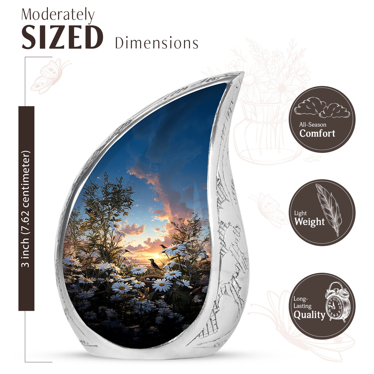 Cobalt Blue Daisy Cremation Urn angled view of lid and engraved motif - graceful tear-shaped urn with daisy motif - mini keepsake memorial for portion of cremation ashes