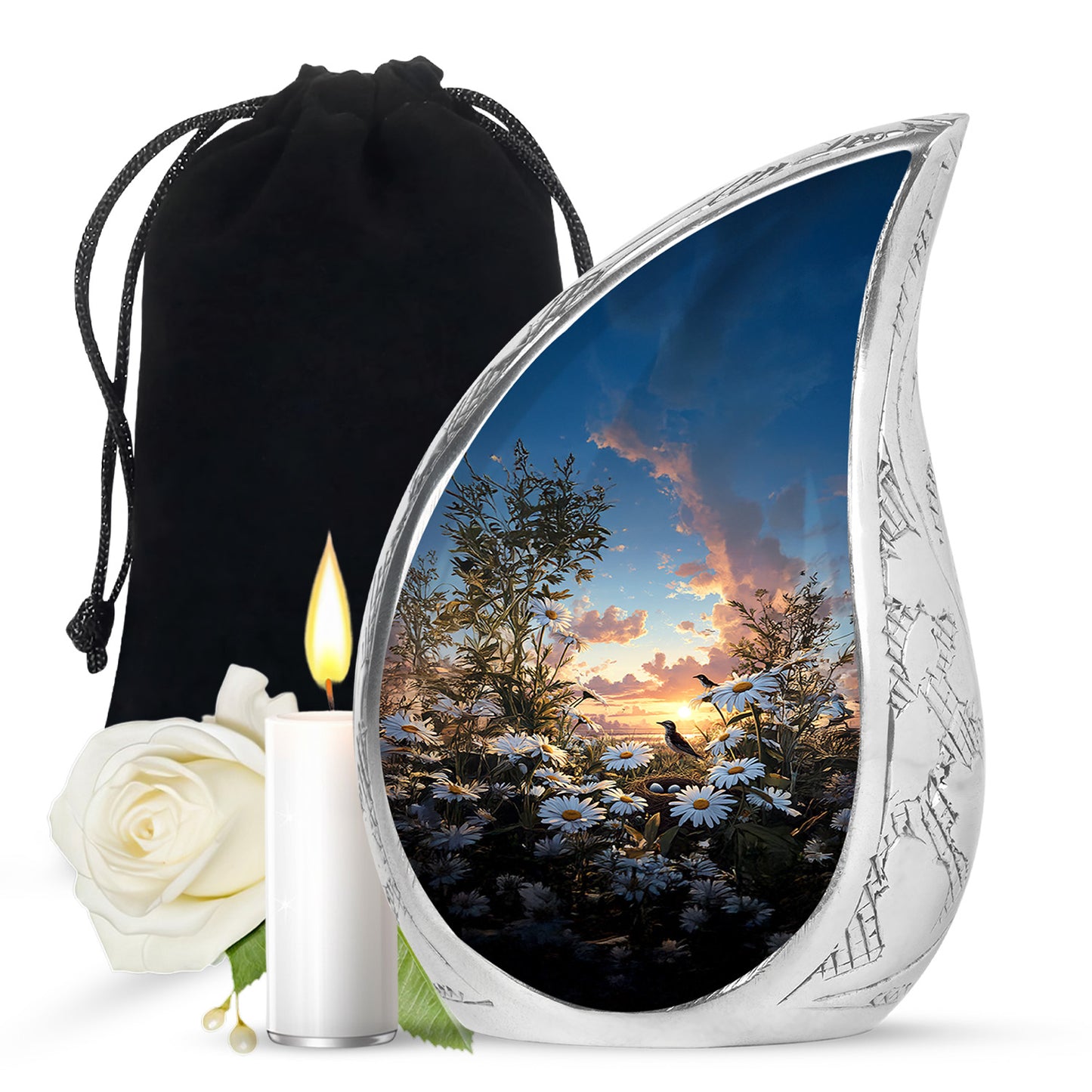 Twilight Blue Daisy Cremation Urn front view showing detailed design - smooth teardrop contour featuring daisy art - full-size 10 inch 200 cubic inch adult cremation urn