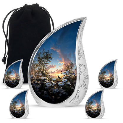 Soft Blue Daisy Cremation Urn side profile showing urn shape - smooth teardrop contour featuring daisy art - memorial set with one large and four small urns