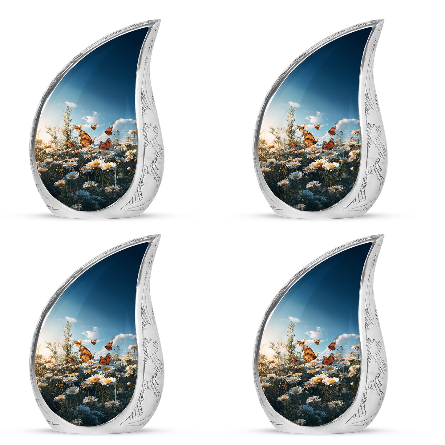 Vivid Blue Daisy Cremation Urn close-up of engraving and surface detail - graceful tear-shaped urn with daisy motif - 10 inch aluminum urn for cremated remains