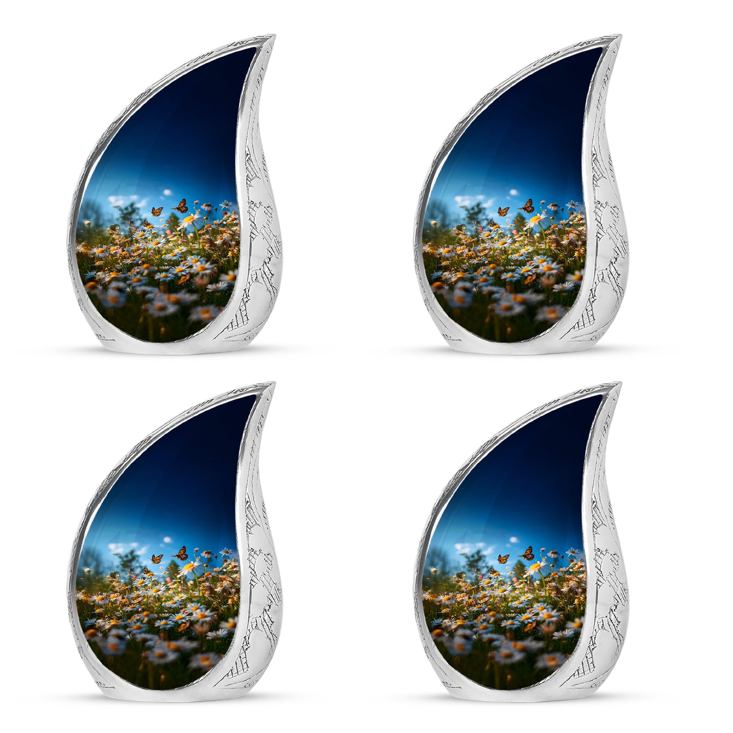 Dusty Blue Daisy Cremation Urn close-up of engraving and surface detail - rounded teardrop daisy design with delicate detail - 10 inch aluminum urn for cremated remains