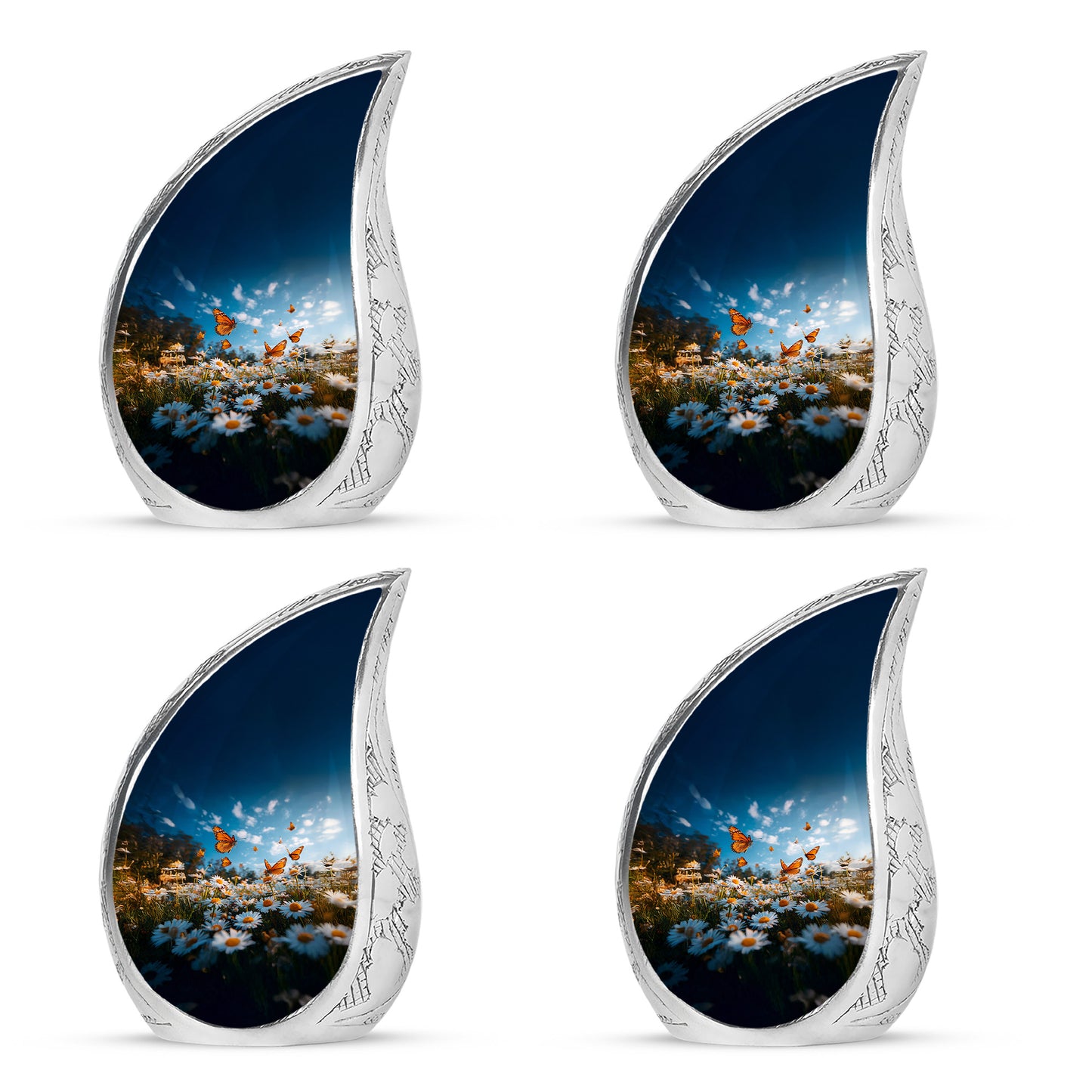 Calming Blue Daisy Cremation Urn close-up of engraving and surface detail - graceful tear-shaped urn with daisy motif - 10 inch aluminum urn for cremated remains