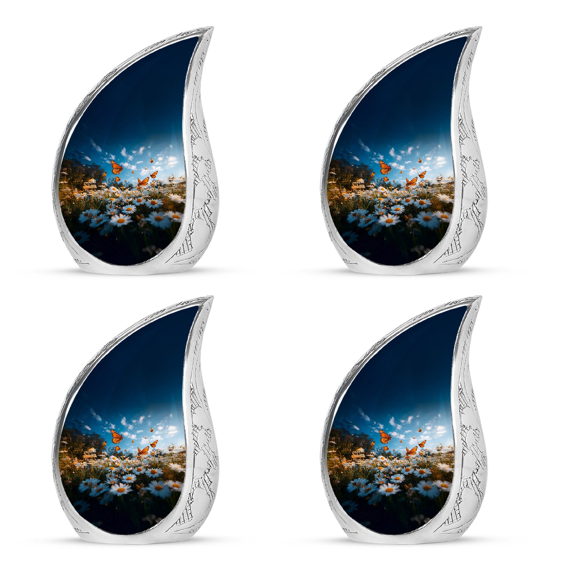 Calming Blue Daisy Cremation Urn close-up of engraving and surface detail - graceful tear-shaped urn with daisy motif - 10 inch aluminum urn for cremated remains