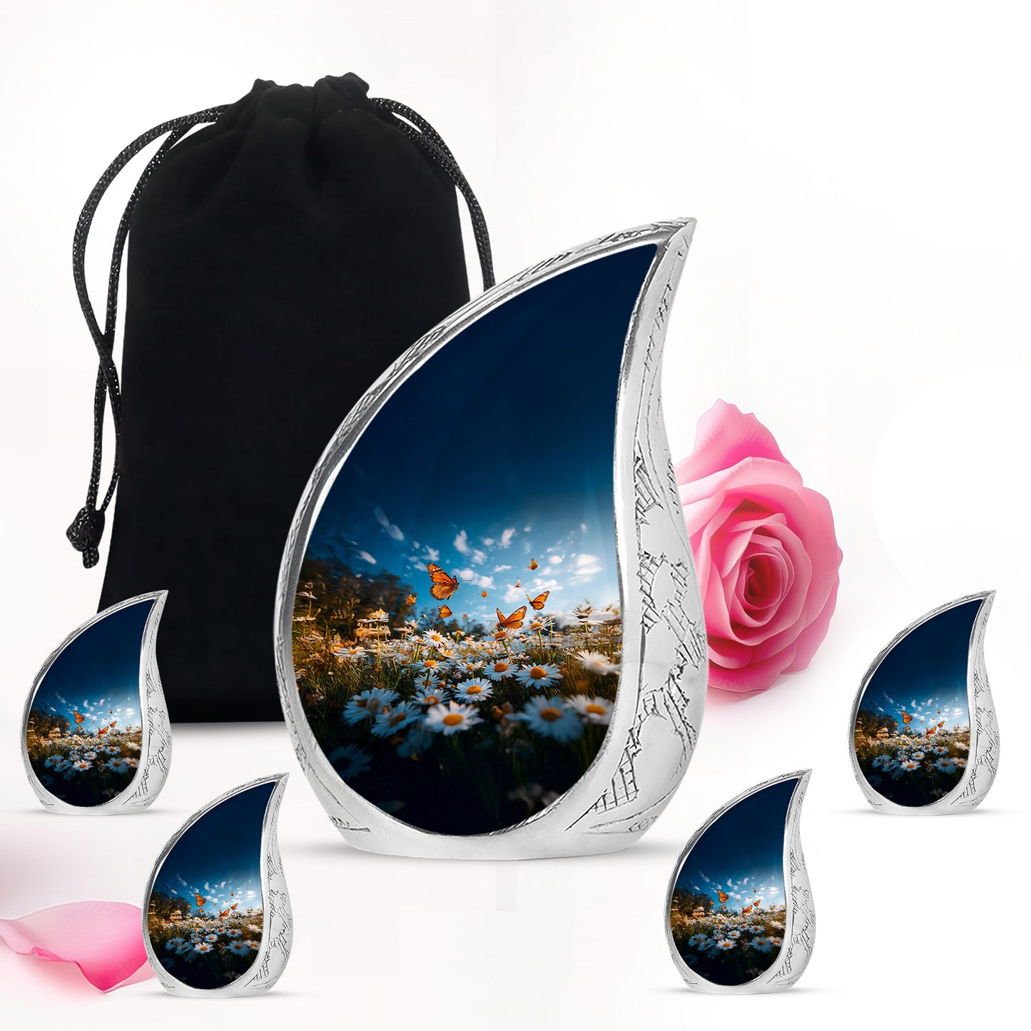 Royal Blue Daisy Cremation Urn side profile showing urn shape - smooth teardrop contour featuring daisy art - memorial set with one large and four small urns