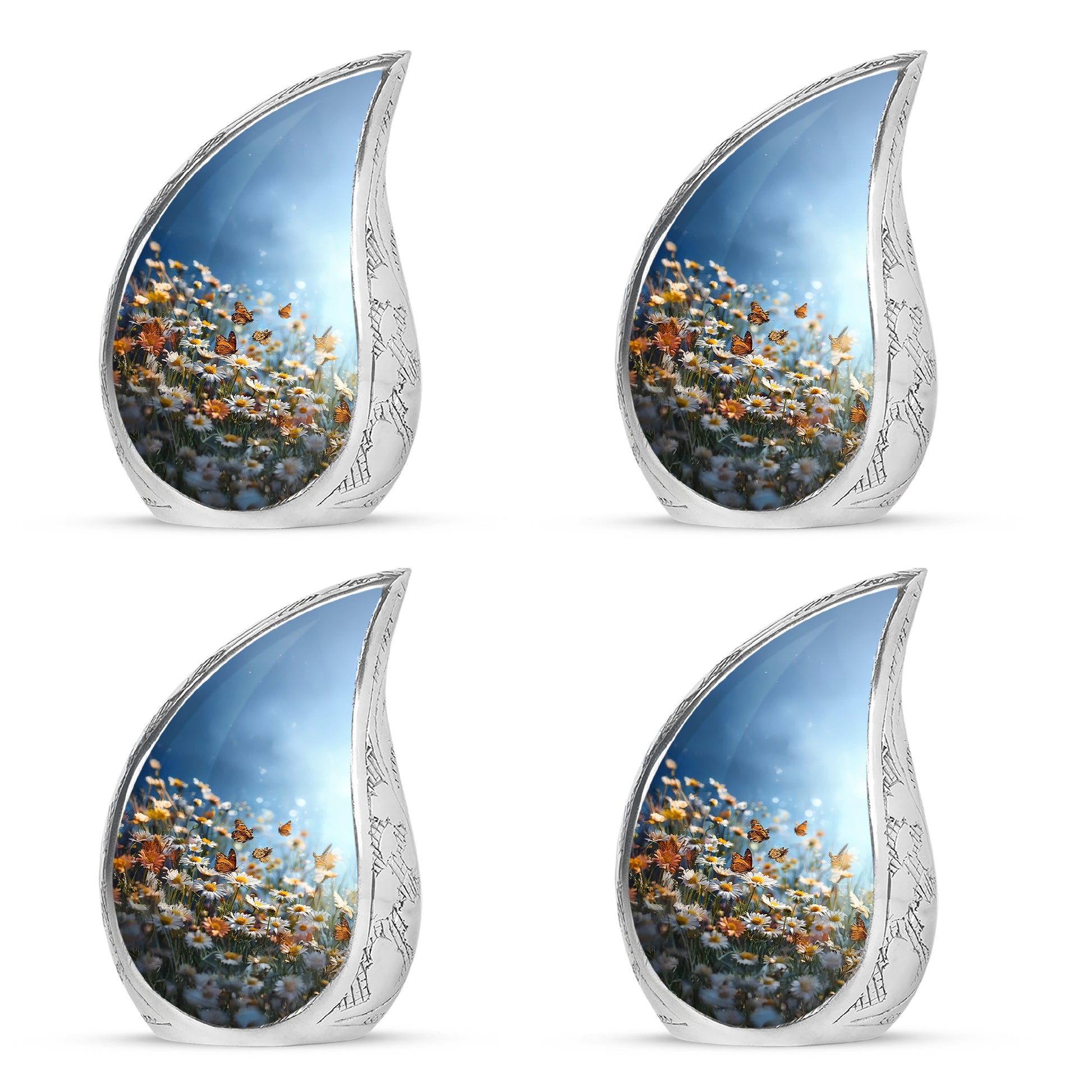 Royal Blue Daisy Cremation Urn close-up of engraving and surface detail - smooth teardrop contour featuring daisy art - 10 inch aluminum urn for cremated remains