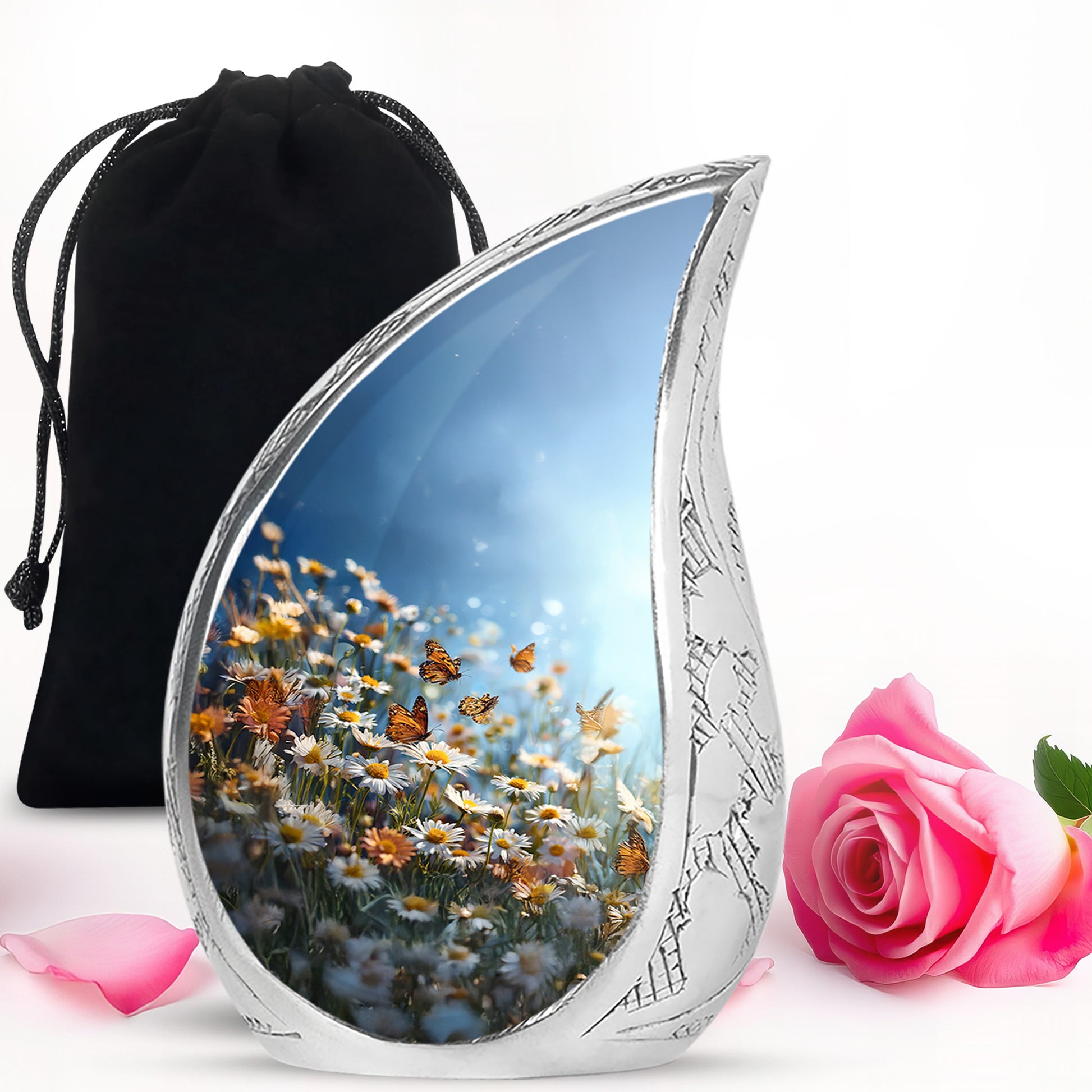 Cornflower Blue Daisy Cremation Urn front view showing detailed design - smooth teardrop contour featuring daisy art - full-size 10 inch 200 cubic inch adult cremation urn