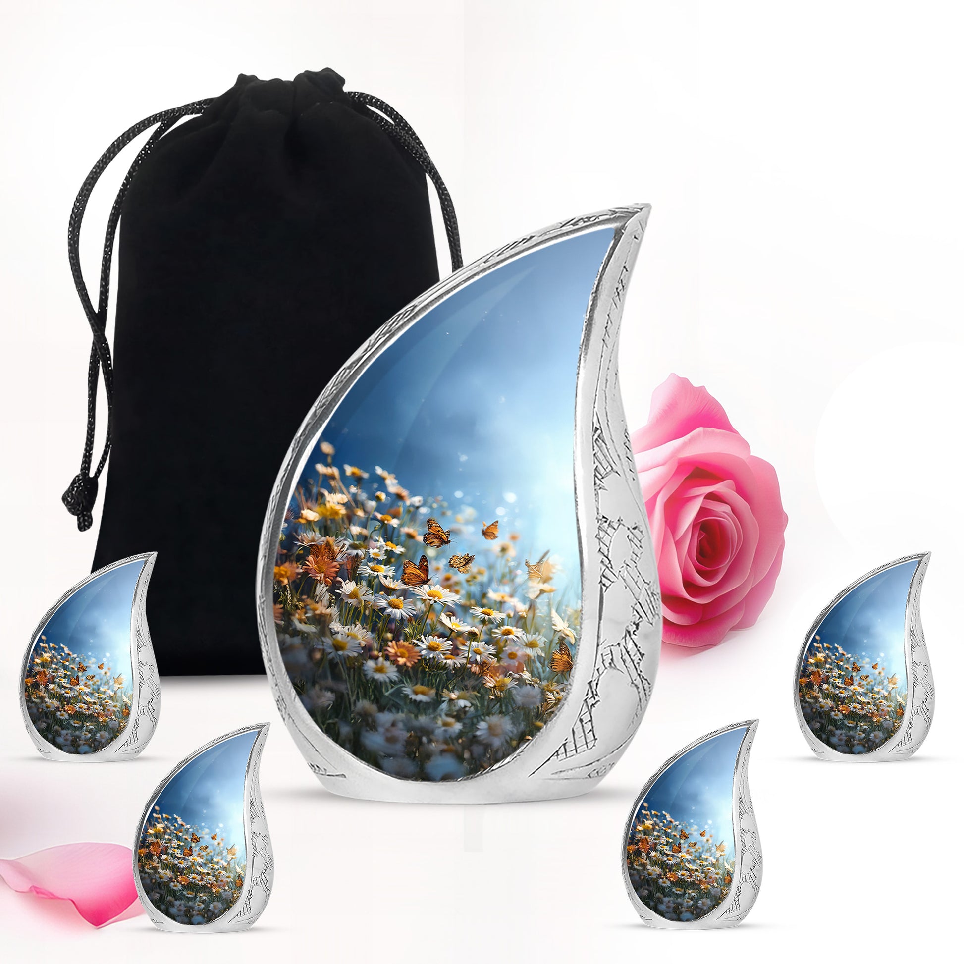 Pastel Blue Daisy Cremation Urn side profile showing urn shape - rounded teardrop daisy design with delicate detail - memorial set with one large and four small urns