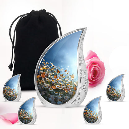 Pastel Blue Daisy Cremation Urn side profile showing urn shape - rounded teardrop daisy design with delicate detail - memorial set with one large and four small urns