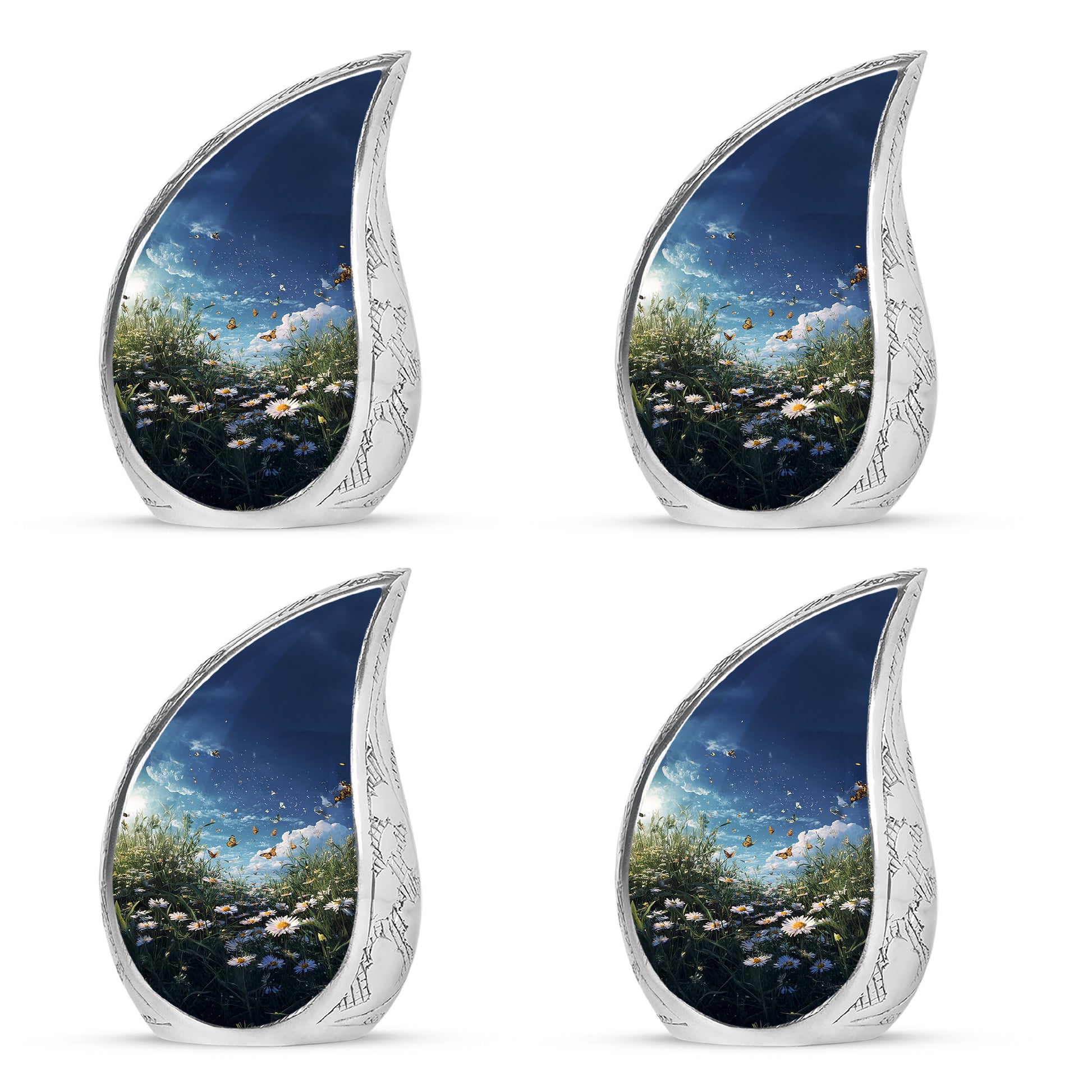 Cornflower Blue Daisy Cremation Urn close-up of engraving and surface detail - smooth teardrop contour featuring daisy art - 10 inch aluminum urn for cremated remains