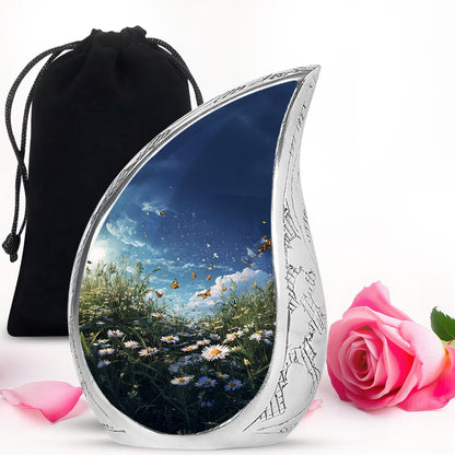 Azure Daisy Cremation Urn front view showing detailed design - rounded teardrop daisy design with delicate detail - full-size 10 inch 200 cubic inch adult cremation urn