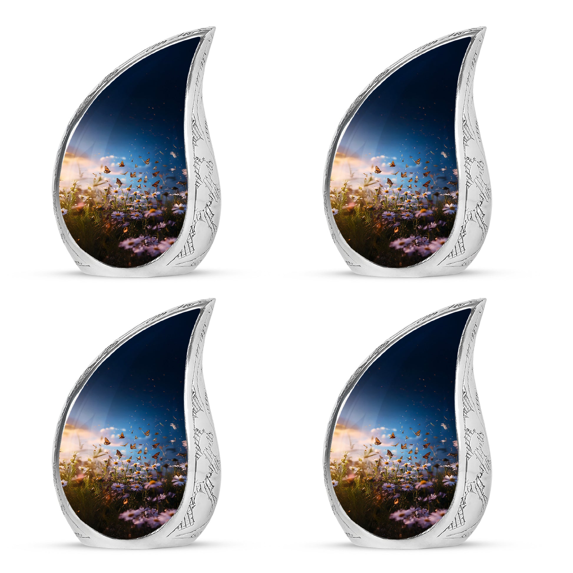 Calming Blue Daisy Cremation Urn close-up of engraving and surface detail - graceful tear-shaped urn with daisy motif - 10 inch aluminum urn for cremated remains