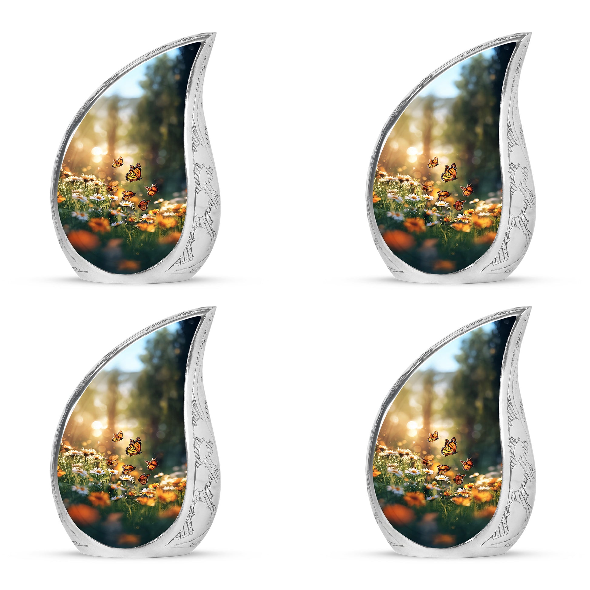 Antique Gold Daisy Cremation Urn close-up of engraving and surface detail - flowing teardrop daisy silhouette on curved aluminum - 10 inch aluminum urn for cremated remains