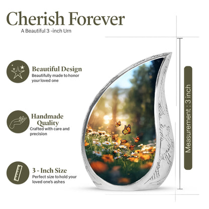 Harvest Gold Daisy Cremation Urn angled view of lid and engraved motif - smooth teardrop contour featuring daisy art - mini keepsake memorial for portion of cremation ashes