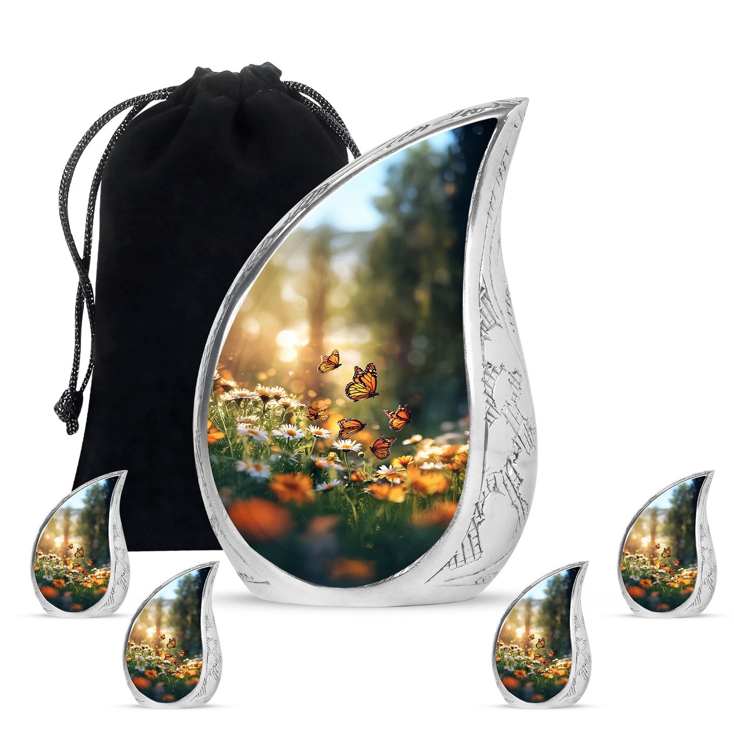 Burnished Gold Daisy Cremation Urn side profile showing urn shape - graceful tear-shaped urn with daisy motif - memorial set with one large and four small urns