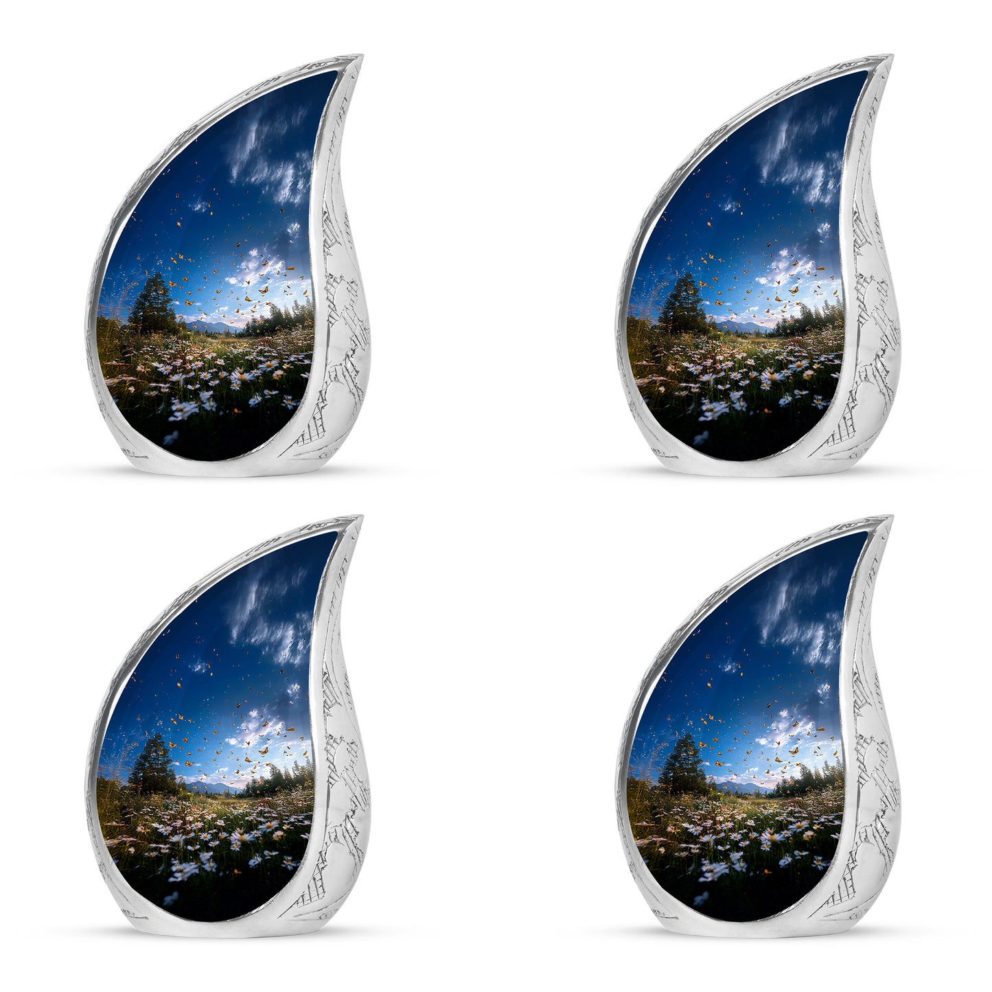 Vivid Blue Daisy Cremation Urn close-up of engraving and surface detail - smooth teardrop contour featuring daisy art - 10 inch aluminum urn for cremated remains