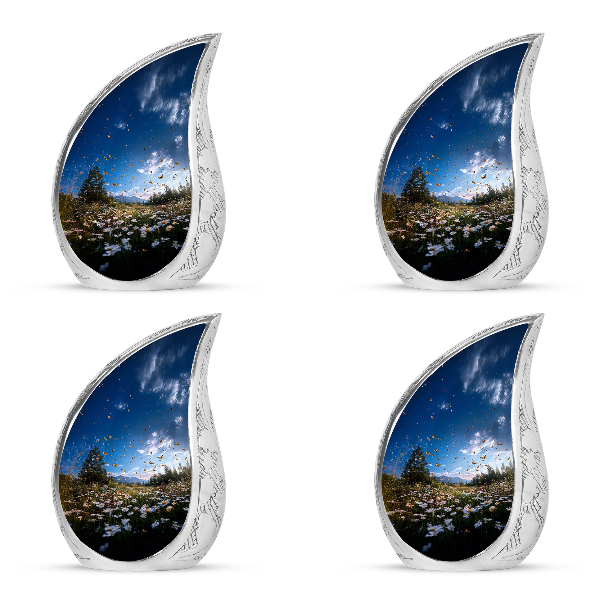 Vivid Blue Daisy Cremation Urn close-up of engraving and surface detail - smooth teardrop contour featuring daisy art - 10 inch aluminum urn for cremated remains