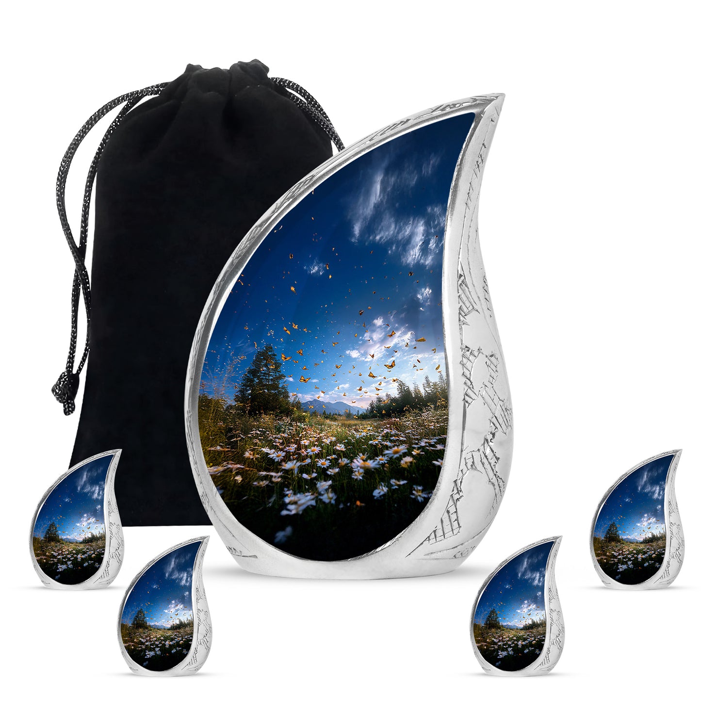 Bright Blue Daisy Cremation Urn side profile showing urn shape - smooth teardrop contour featuring daisy art - memorial set with one large and four small urns