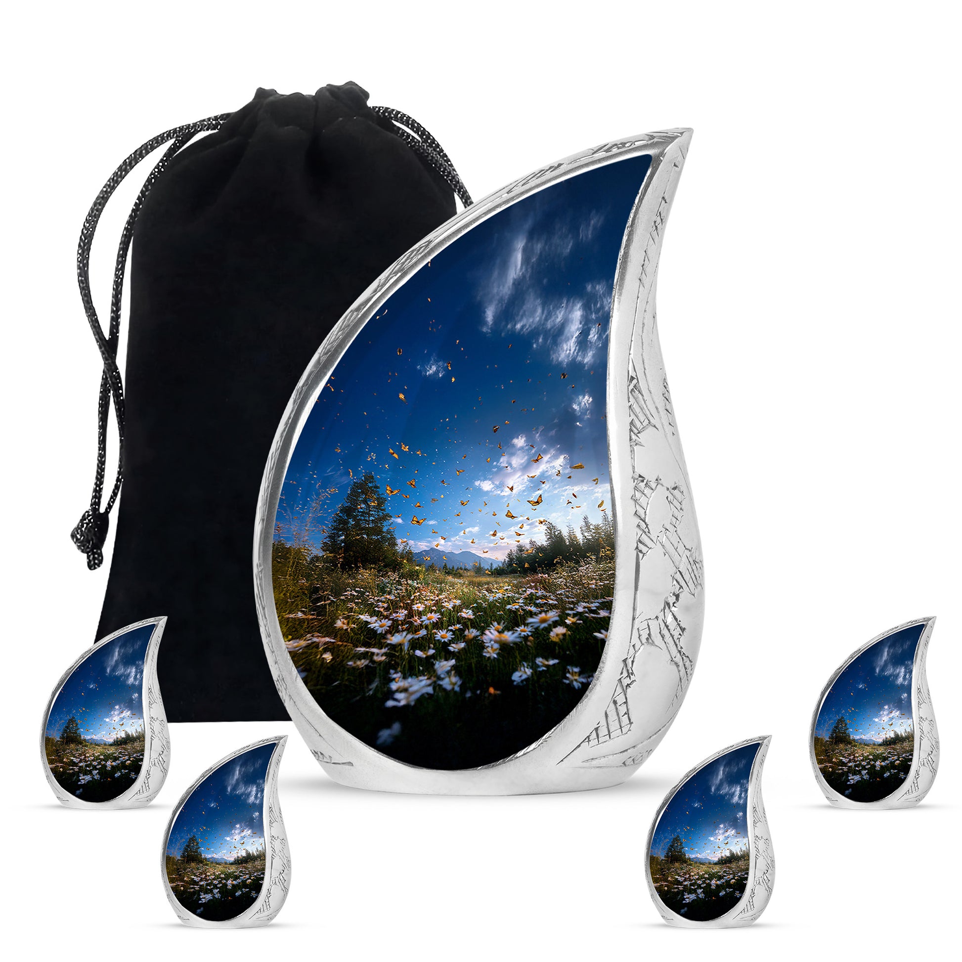 Bright Blue Daisy Cremation Urn side profile showing urn shape - smooth teardrop contour featuring daisy art - memorial set with one large and four small urns