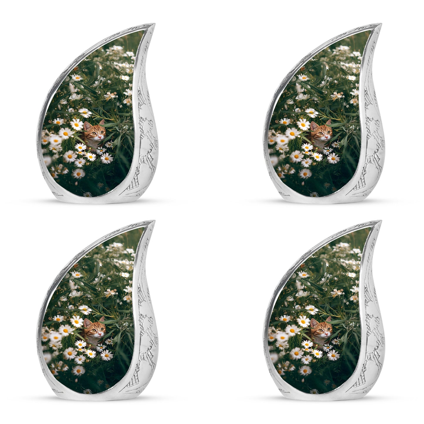 Emerald Green Daisy Cremation Urn close-up of engraving and surface detail - rounded teardrop daisy design with delicate detail - 10 inch aluminum urn for cremated remains
