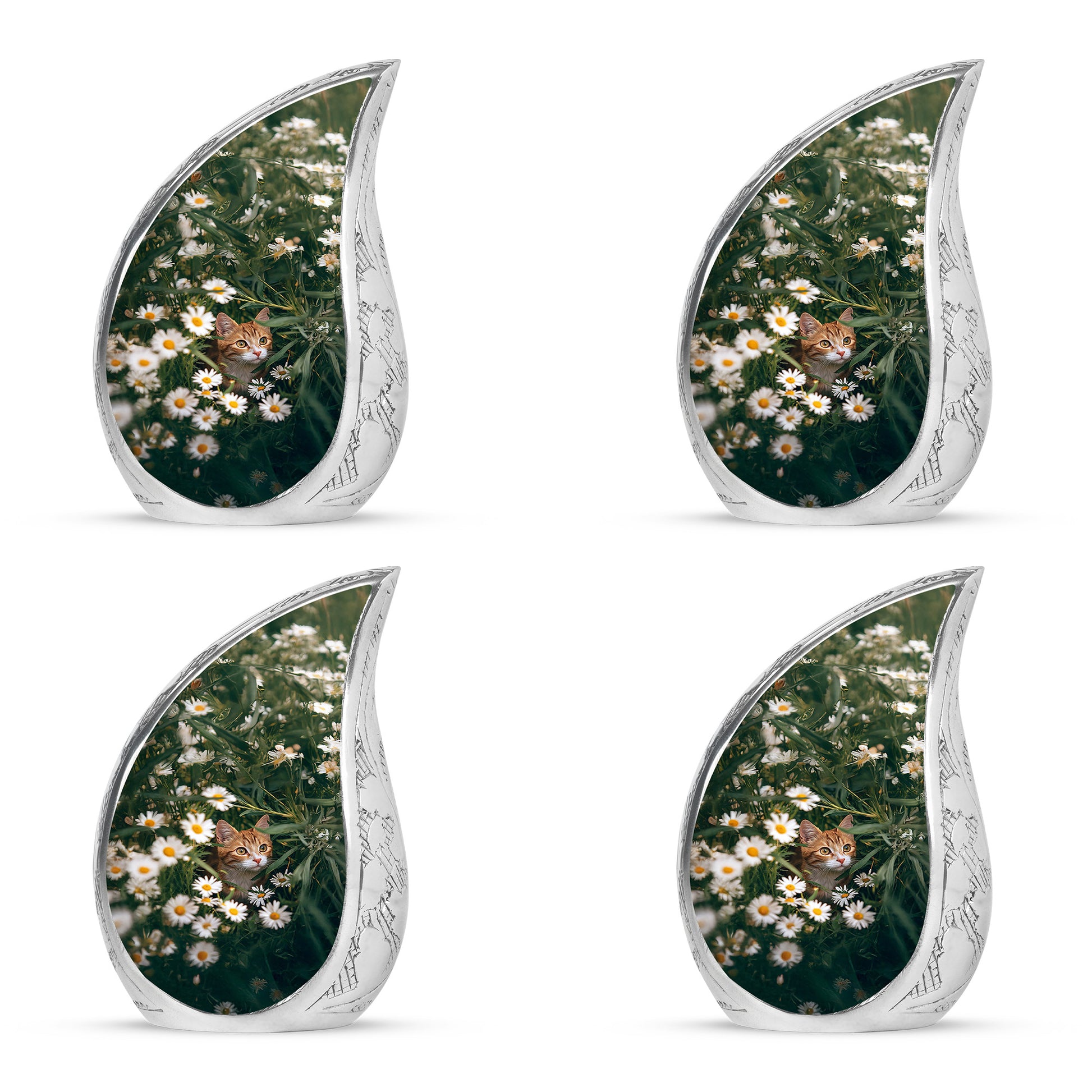 Emerald Green Daisy Cremation Urn close-up of engraving and surface detail - rounded teardrop daisy design with delicate detail - 10 inch aluminum urn for cremated remains
