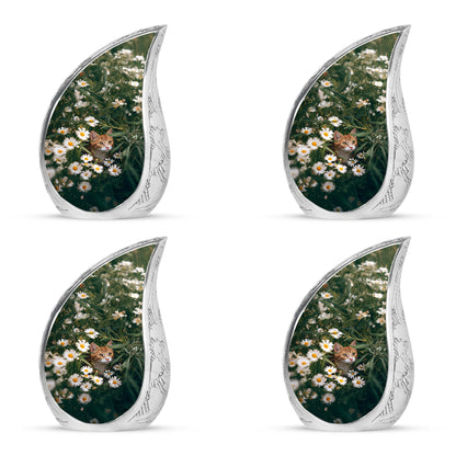 Emerald Green Daisy Cremation Urn close-up of engraving and surface detail - rounded teardrop daisy design with delicate detail - 10 inch aluminum urn for cremated remains