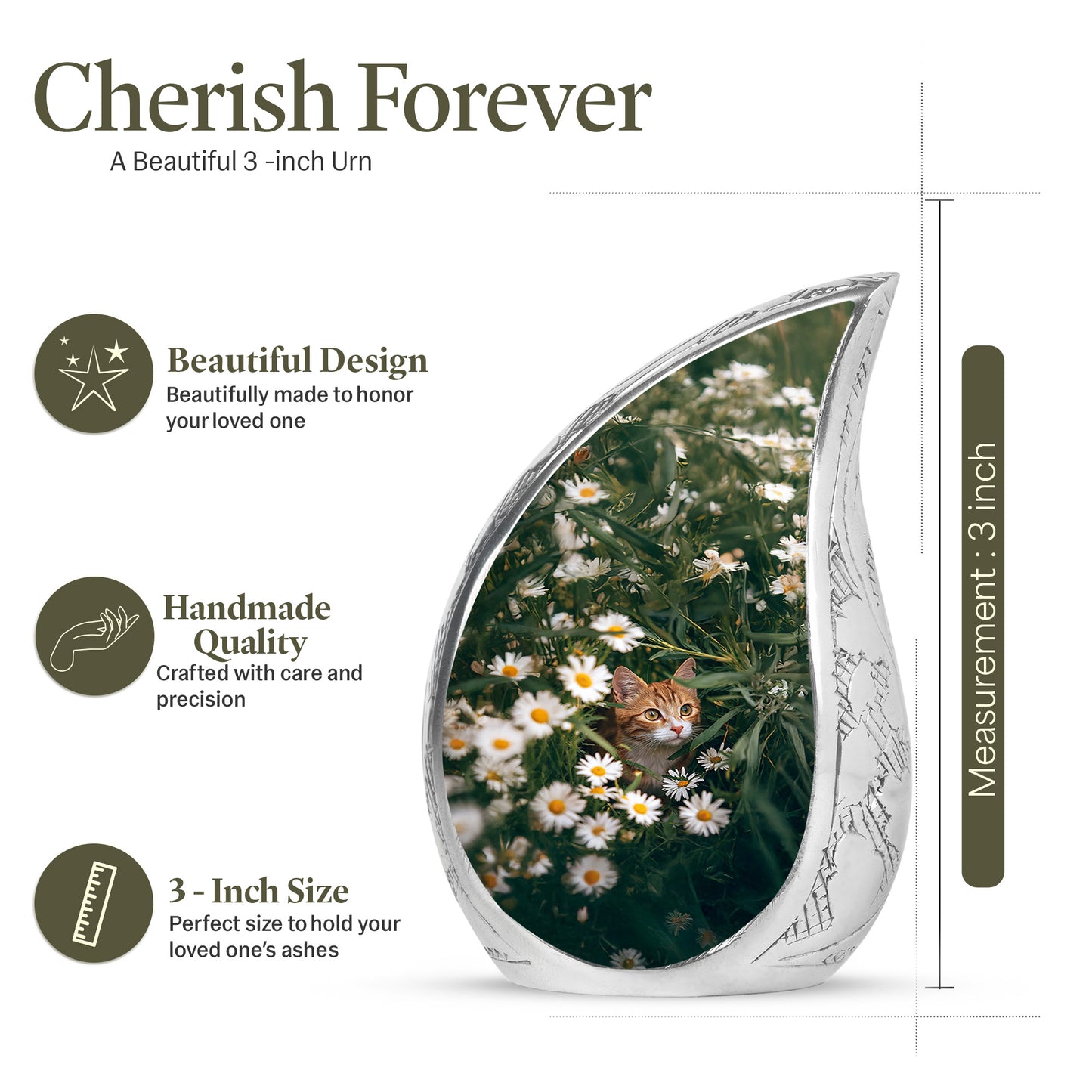 Moss Green Daisy Cremation Urn angled view of lid and engraved motif - flowing teardrop daisy silhouette on curved aluminum - mini keepsake memorial for portion of cremation ashes