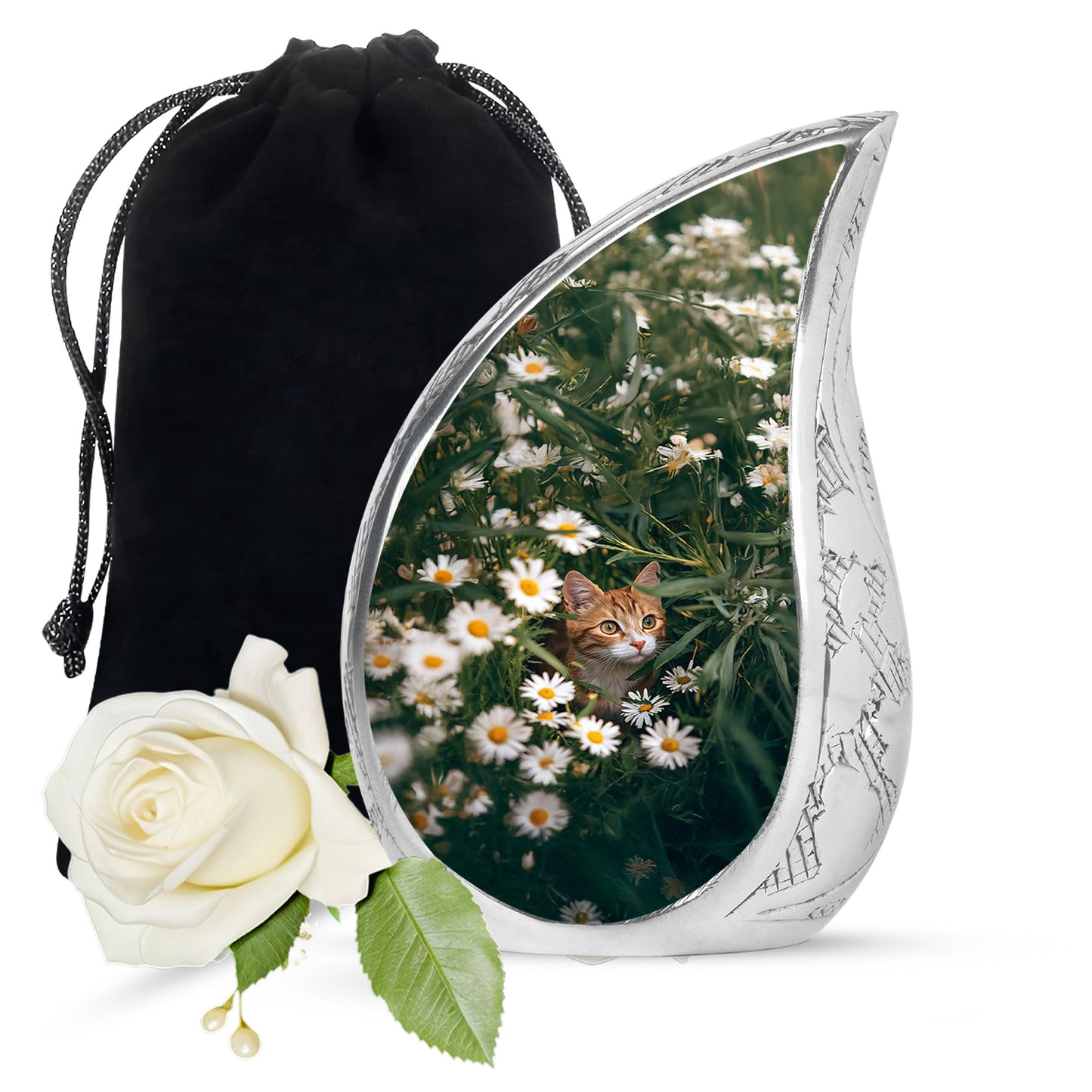 Olive Green Daisy Cremation Urn front view showing detailed design - smooth teardrop contour featuring daisy art - full-size 10 inch 200 cubic inch adult cremation urn