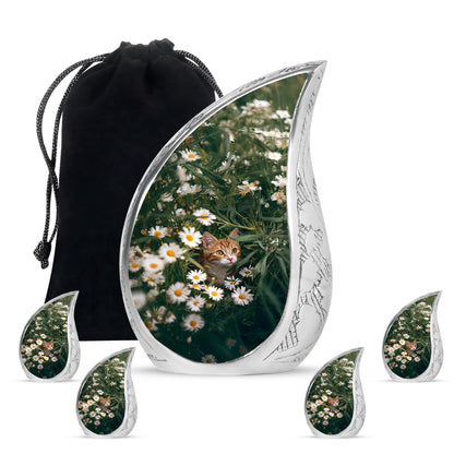 Pine Green Daisy Cremation Urn side profile showing urn shape - smooth teardrop contour featuring daisy art - memorial set with one large and four small urns