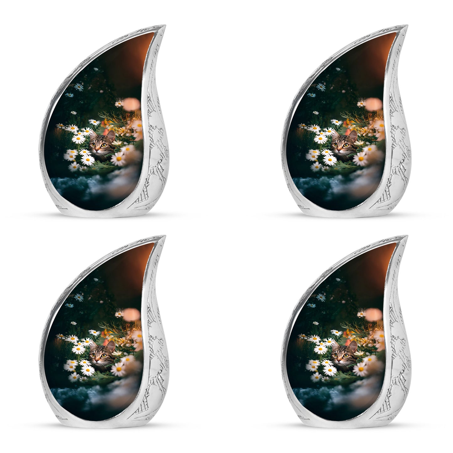 Jade Green Daisy Cremation Urn close-up of engraving and surface detail - flowing teardrop daisy silhouette on curved aluminum - 10 inch aluminum urn for cremated remains