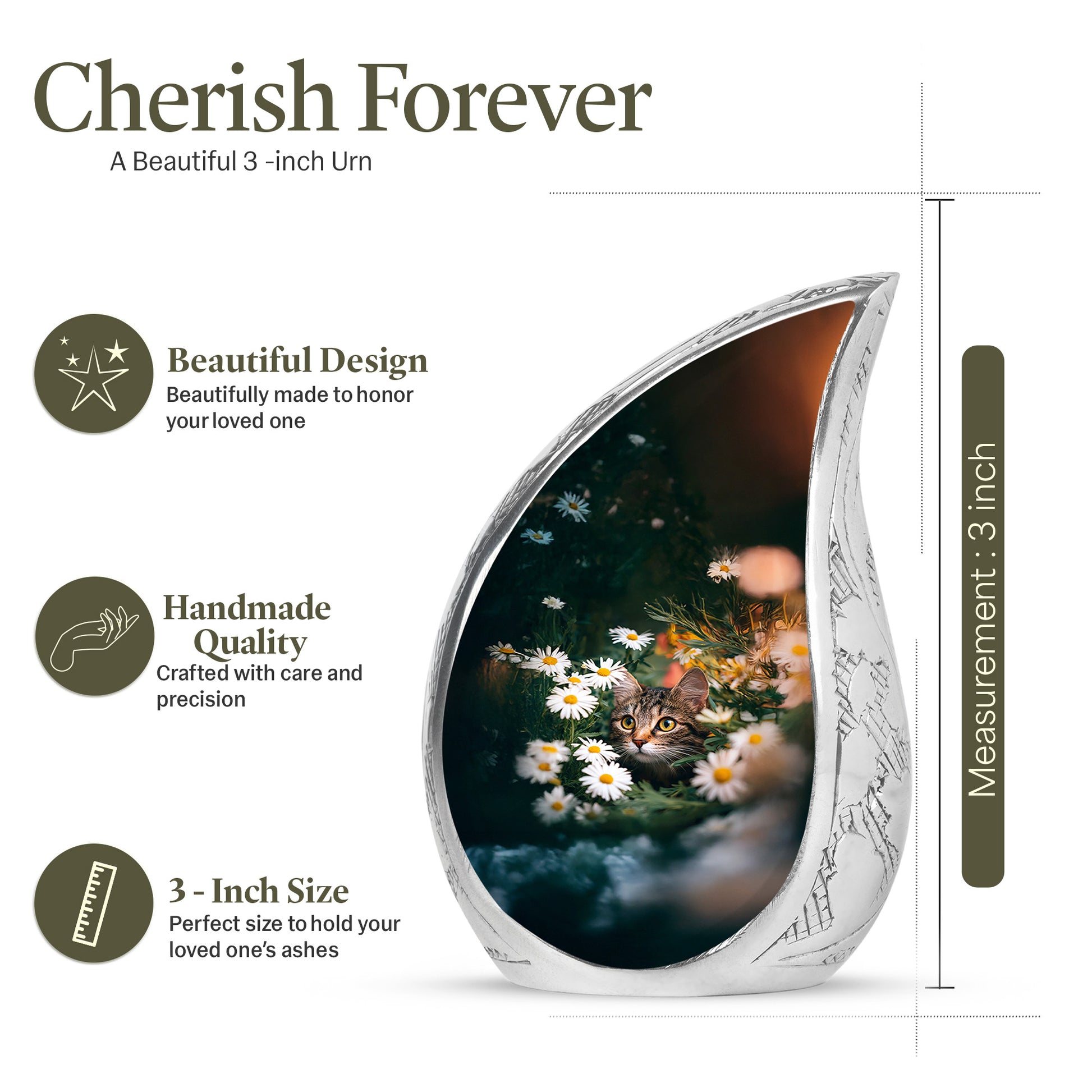 Mint Green Daisy Cremation Urn angled view of lid and engraved motif - smooth teardrop contour featuring daisy art - mini keepsake memorial for portion of cremation ashes