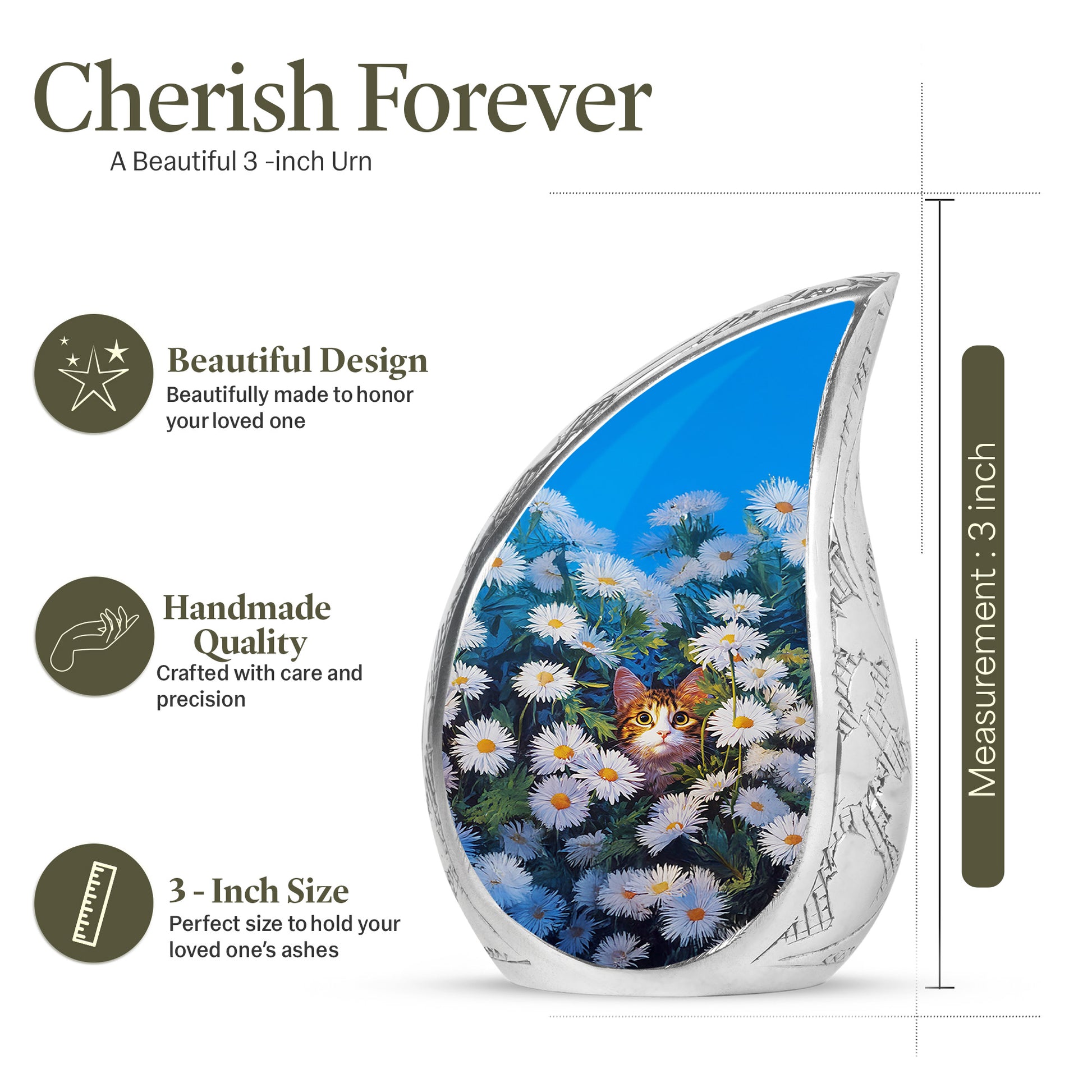 Celestial Blue Daisy Cremation Urn angled view of lid and engraved motif - rounded teardrop daisy design with delicate detail - mini keepsake memorial for portion of cremation ashes
