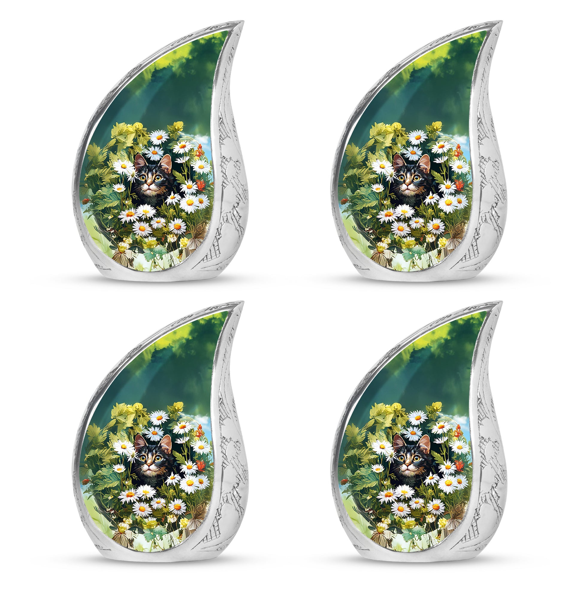 Honey Yellow Daisy Cremation Urn close-up of engraving and surface detail - graceful tear-shaped urn with daisy motif - 10 inch aluminum urn for cremated remains