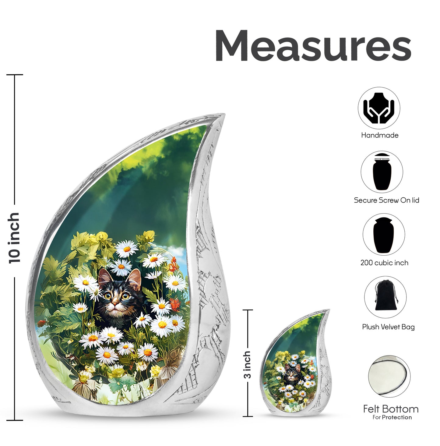 Golden Yellow Daisy Cremation Urn angled view of lid and engraved motif - flowing teardrop daisy silhouette on curved aluminum - mini keepsake memorial for portion of cremation ashes