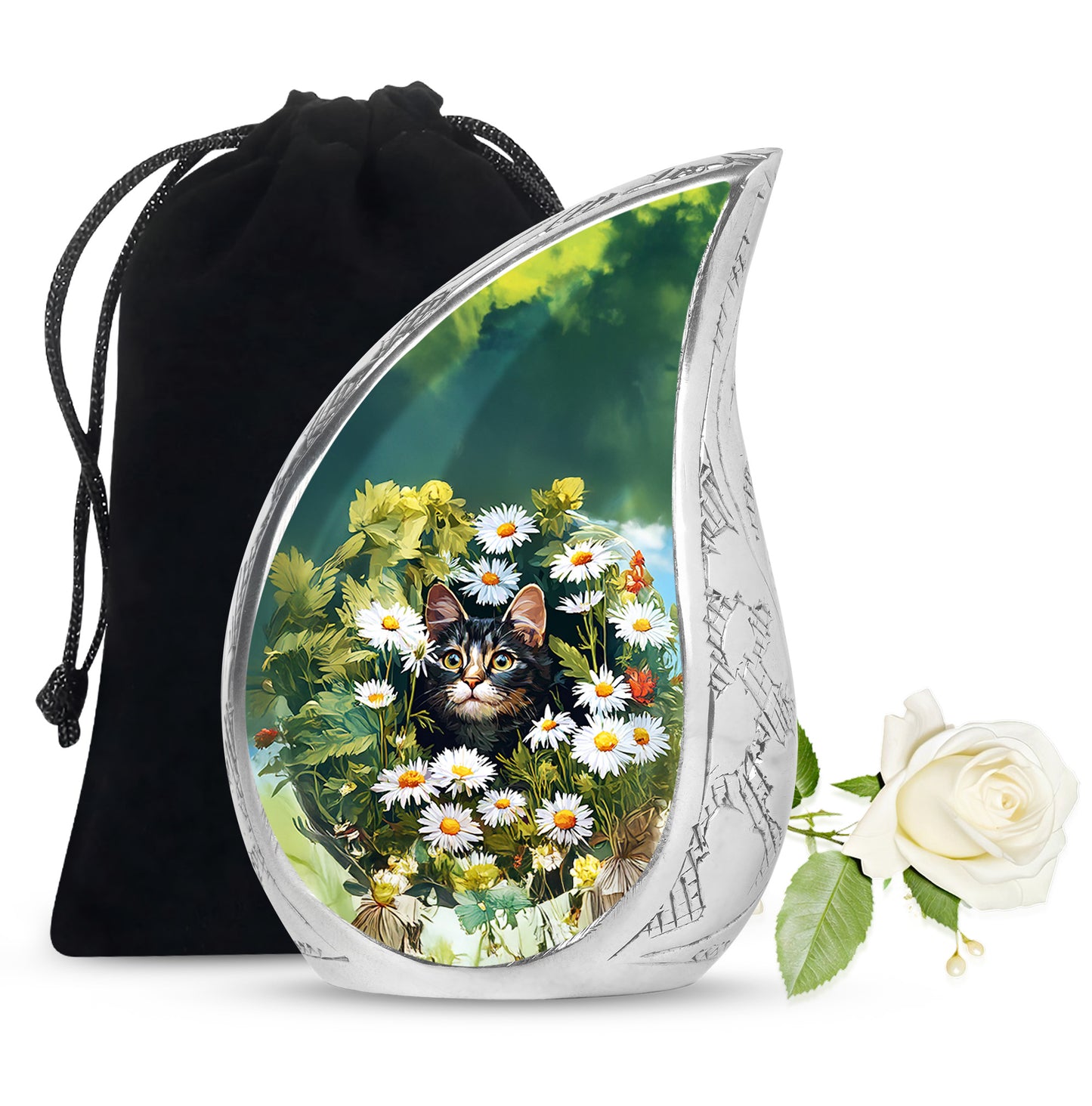 Honey Yellow Daisy Cremation Urn front view showing detailed design - smooth teardrop contour featuring daisy art - full-size 10 inch 200 cubic inch adult cremation urn