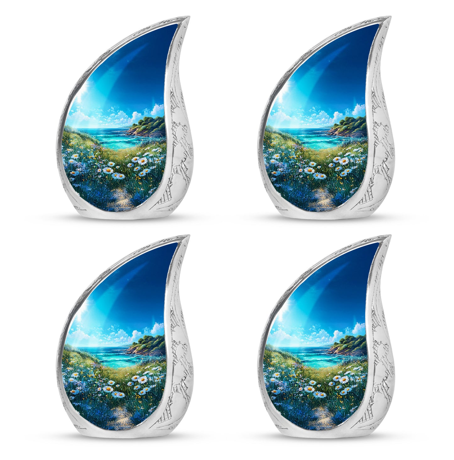 Vivid Blue Daisy Cremation Urn close-up of engraving and surface detail - smooth teardrop contour featuring daisy art - 10 inch aluminum urn for cremated remains