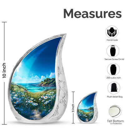 Pastel Blue Daisy Cremation Urn angled view of lid and engraved motif - rounded teardrop daisy design with delicate detail - mini keepsake memorial for portion of cremation ashes