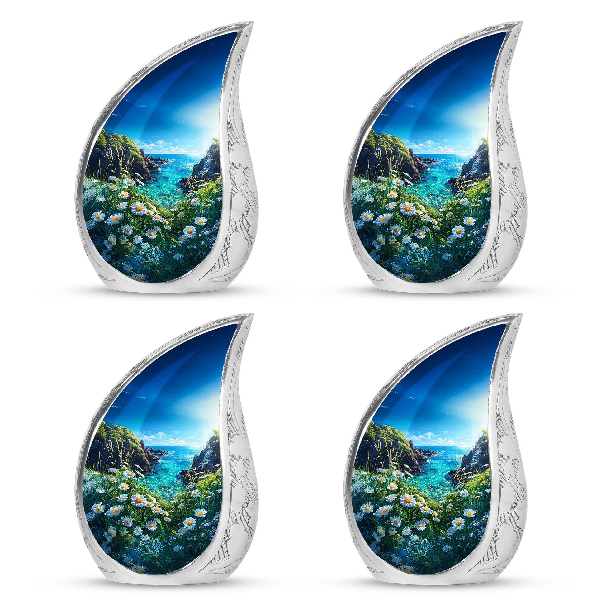 Royal Blue Daisy Cremation Urn close-up of engraving and surface detail - graceful tear-shaped urn with daisy motif - 10 inch aluminum urn for cremated remains